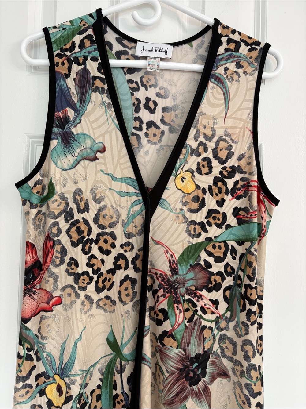 Joseph Ribkoff Vintage Leopard Floral Long Vest Dress in Beige with Black Trim - Picture 4 of 12